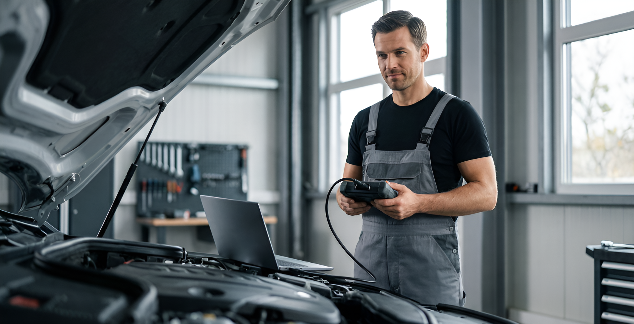 Mechanic working on car engine